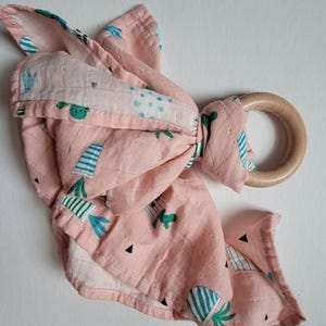Wooden Ring Lovey | Bright Swaddle Blanket Toy Succulents