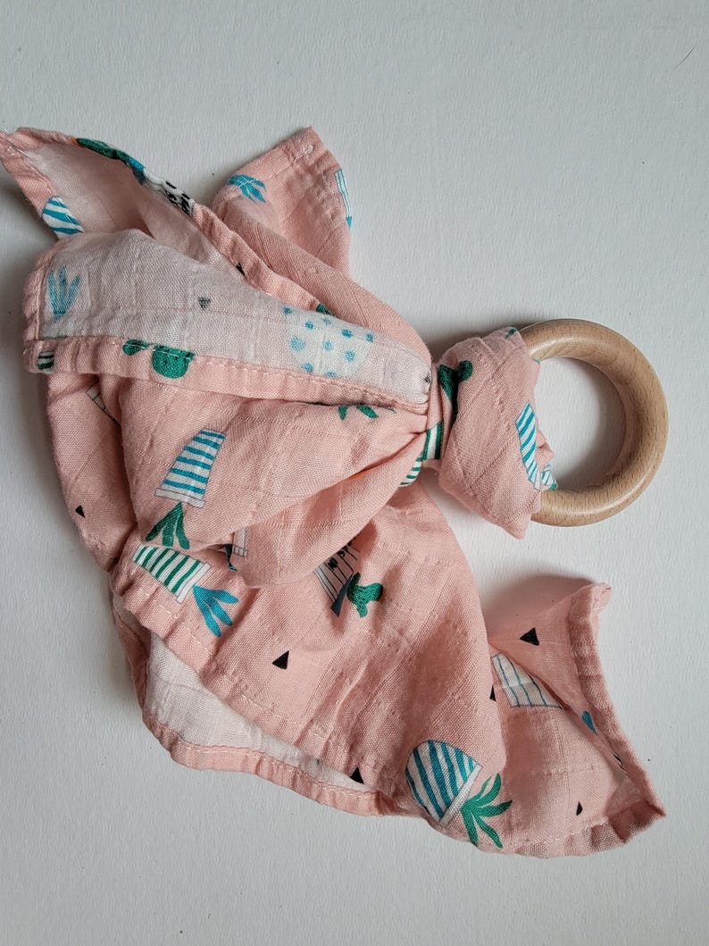 Wooden Ring Lovey | Bright Swaddle Blanket Toy Succulents