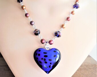 Hand-blown glass heart pendant necklace, cobalt blue with black polka-dots, hand-beaded necklace chain, gift, Valentine, wedding cake beads