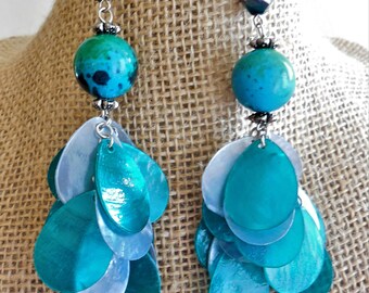 handmade Turquoise and white pierced Exotic 4 length long 60s style dangle earrings Caftan jewelry