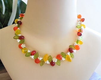 Lemon, Lime, Orange Fruit-sicle Necklace, Czech Pressed glass fruit beads, Retro, Vintage styling, Tiki Oasis, Pin-up, adjustable, gift