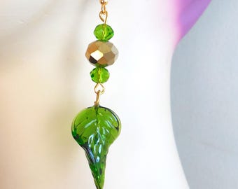 Green Glass Twisted Leaf Earrings, dangle, olivine green, gold beads, pierced, 2.5", Retro, Spring/Summer, matching necklace, handmade, Gift