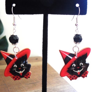 Vintage Halloween Kitty Earrings, Black Cat Earrings, Double-sided, Acrylic, Silver, Glass, 2.5&quot;, pierced, Witch Cat, Gift