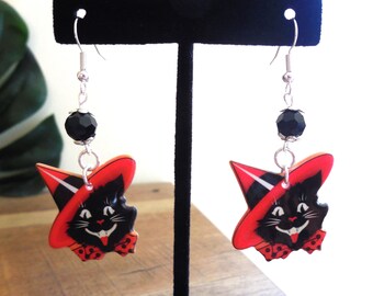 Vintage Halloween Kitty Earrings, Black Cat Earrings, Double-sided, Acrylic, Silver, Glass, 2.5", pierced, Witch Cat, Gift