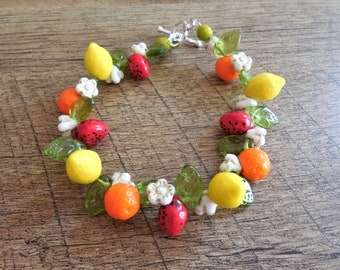 Oranges, Lemons and Strawberries, Czech glass fruit bracelet, 8", toggle, Citrus, tropical, Tiki, Vintage-style, Custom-Size, whimsical!