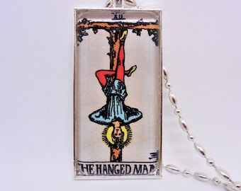 Tarot card "The Hanged Man" glass tile pendant 1x2", antiqued silver or bronze setting with 20" silver or bronze ball and bead chain