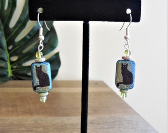 Laser etched Black Cat Earrings, Czech glass, double-sided, feline, cat jewelry, elegant, mystical, adorable!