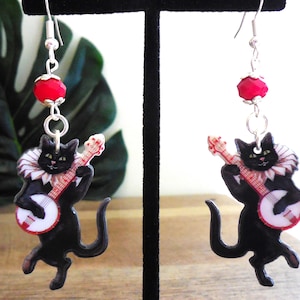 Vintage Banjo Cat earrings, Christmas, whimsical, Cat earrings, double-sided, pierced, gift
