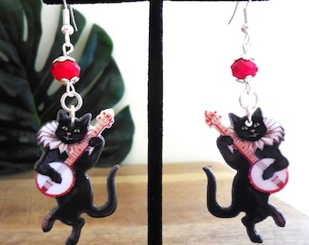 Vintage Banjo Cat earrings, Christmas, whimsical, Cat earrings, double-sided, pierced, gift