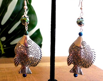Big Silver Fish dangle earrings, fire-polished beads, silver findings, pierced, Beach/pool, Tiki, tropical, handmade, whimsical!