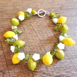 Lemon-Lime glass fruit bracelet, 8&quot;, toggle closure, whimsical, tropical, novel, Tiki, Retro, Vintage-style, Tiki Oasis, Gift