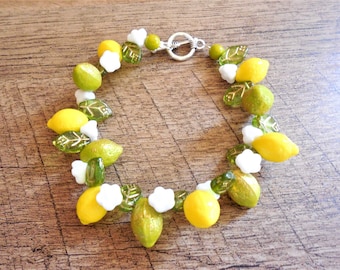 Lemon-Lime glass fruit bracelet, 8", toggle closure, whimsical, tropical, novel, Tiki, Retro, Vintage-style, Tiki Oasis, Gift