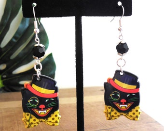 Vintage Grinning Dandy Halloween Kitty Earrings, Black Cat Earrings, Double-sided, Acrylic, Silver, Glass, 3", pierced, posh Cat, Gift