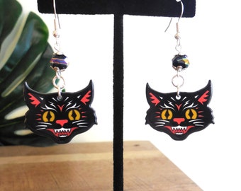 Vintage Grinning Halloween Kitty Earrings, Black Cat Earrings, Double-sided, Acrylic, Silver, Glass, 2.5", pierced, wild Cat, Gift