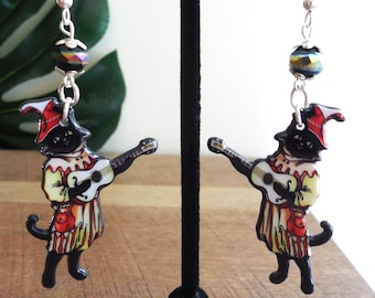 Vintage Guitar Cat earrings, whimsical, Kitty earrings, double-sided, silver, pierced, Christmas, lightweight, gift