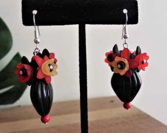 Colorful black vase earrings, acrylic, lucite flowers beads, red, orange, black, tropical, retro, Tiki Oasis,Dia De Los Muertos, gift