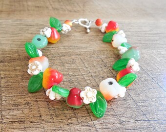 Whatta Pear Too! Czech glass pear bracelet, white with gold accent flowers, 7", toggle closure, whimsical, Vintage-style, custom sized