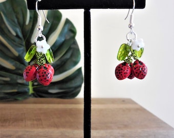Strawberries pressed Czech glass fruit earrings, pierced, retro, vintage style, whimsical, Tiki Oasis, 1 3/4", gift, strawberry jewelry