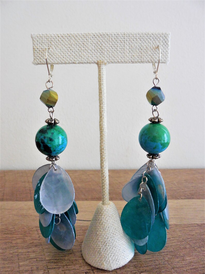handmade Turquoise and white pierced Exotic 4 length long 60s style dangle earrings Caftan jewelry