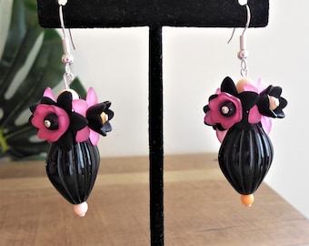 Colorful black vase earrings, acrylic, pink/black lucite flowers beads, tropical, retro, Tiki Oasis, Dia de Los Muertos, unique, gift!