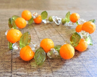 Orange Czech glass fruit bracelet, 8", toggle closure, whimsical, tropical, Tiki oasis, Tiki, Retro, Vintage-style