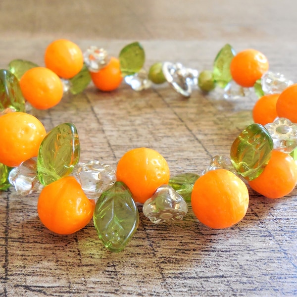 Orange Czech glass fruit bracelet, 8", toggle closure, whimsical, tropical, Tiki oasis, Tiki, Retro, Vintage-style