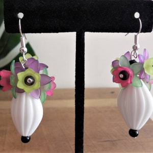 Colorful white vase earrings, acrylic, lucite flowers beads, pink, purple, green, tropical, retro styling, Tiki Oasis, Tiki Kon, gift