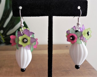 Colorful white vase earrings, acrylic, lucite flowers beads, pink, purple, green, tropical, retro, Tiki Oasis, Dia de Los Muertos, gift