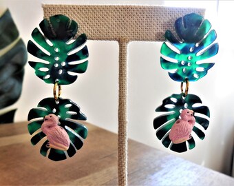 Pink Flamingo Monstera leaf post earrings, Tropical, exotic, Retro, Vintage styling, Tiki, Pin-up, beach jewelry, whimsical, unique