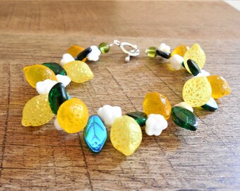 Lemon Fruit-sicle translucent Czech glass fruit bracelet, 7.5", toggle closure, tropical, Tiki Oasis, Retro, Vintage-style, gift