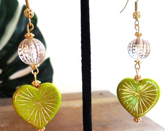 Valentine's Day opaque Lime Heart earrings, 22k gold, Czech pressed glass, gold starburst inlay, pierced, gift