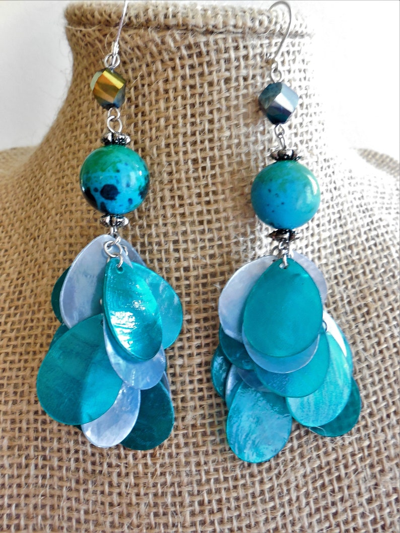 handmade Turquoise and white pierced Exotic 4 length long 60s style dangle earrings Caftan jewelry