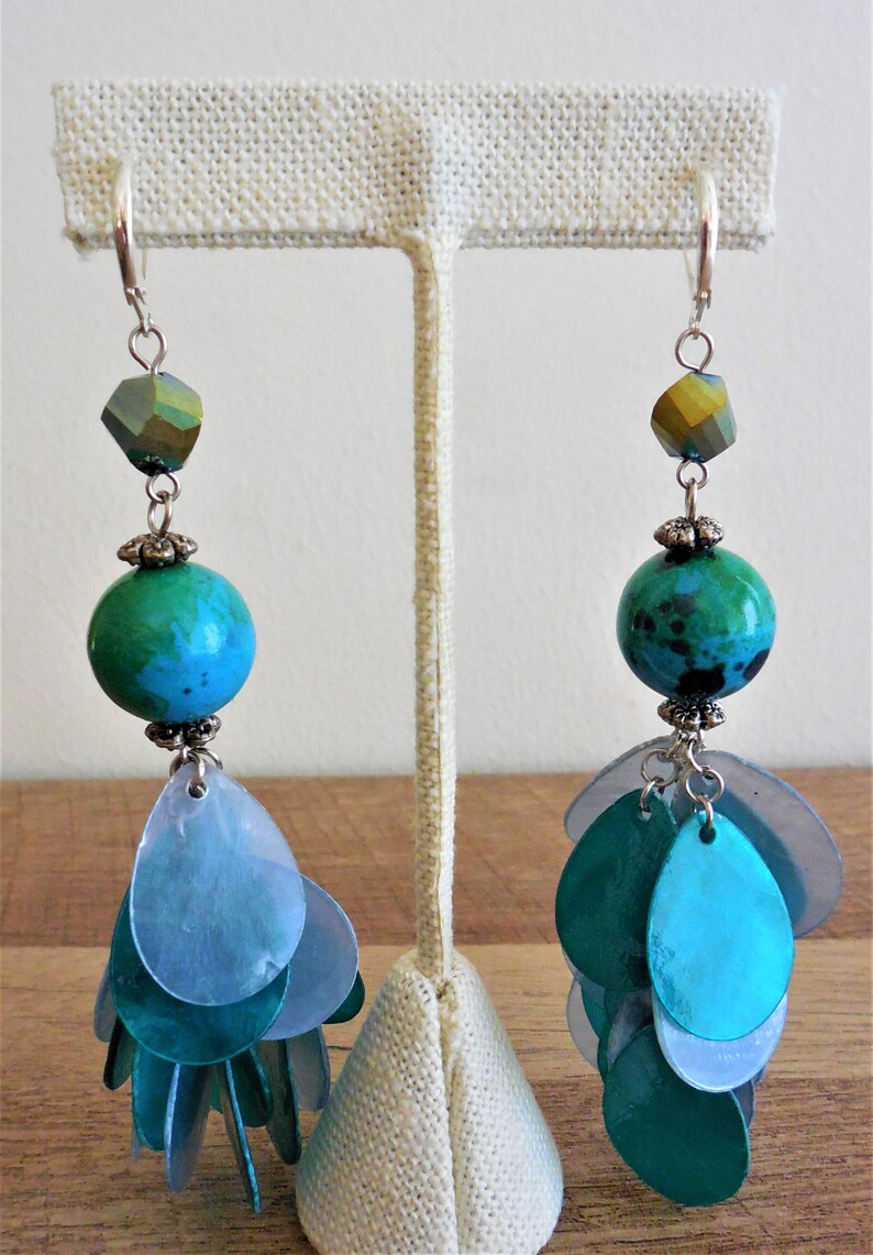 handmade Turquoise and white pierced Exotic 4 length long 60s style dangle earrings Caftan jewelry