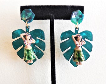 Emerald Green Monstera Palm Leaf Hula Girl earrings, Tiki, Hawaiian, Exotic, Tropical, Pin-Up, Tiki Oasis, Caliente, Tiki Kon,  handmade!