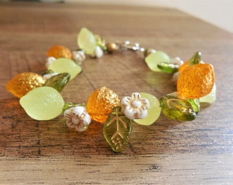 Limoncello and Gold Lemon Czech glass fruit bracelet, 8", toggle closure, tropical, novel, Tiki Oasis, Vintage-style, Custom sized gift