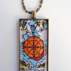Tarotkaart "Het Rad van Fortuin" glazen tegel hanger 1x2", antiek zilver of brons zetting met 20" zilveren of bronzen bal en kralenketting