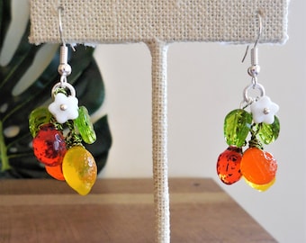 Lemon, Orange, and Strawberry Fruit-sicle Czech glass fruit earrings, pierced, silver, retro, vintage style, whimsical, Tiki, 1.5", gift