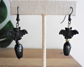 Mini Bat and Coffin earrings, ceramic, Halloween, Goth, creepy, cute, pierced, unique, gift