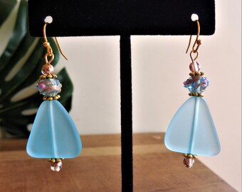 Aqua Blue, Cultured Sea Glass earrings, Venetian wedding cake beads, gold-filled ear-wires, handmade, one-of-a-kind