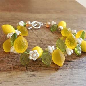 Triple Lemon Czech glass fruit bracelet #2, 8&quot;, toggle closure, whimsical, tropical, novel, Tiki Oasis, Tiki Caliente, Vintage-style, gift
