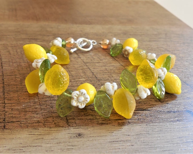 Triple Lemon Czech glass fruit bracelet #2, 8", toggle closure, whimsical, tropical, novel, Tiki Oasis, Tiki Caliente, Vintage-style, gift