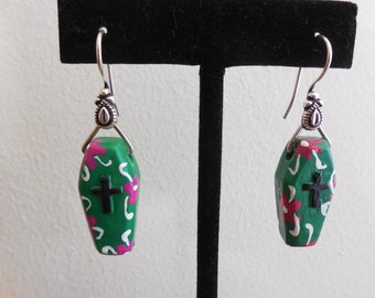 Green, white, and Pink Coffin earrings, ceramic, Day of the Dead, Halloween, Goth!