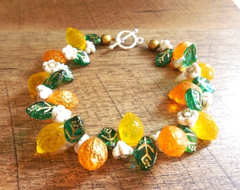 Golden Lemon Czech glass fruit bracelet, 8.5", toggle closure, whimsical, tropical, novel, Tiki Oasis, custom-size, Vintage-style, gift