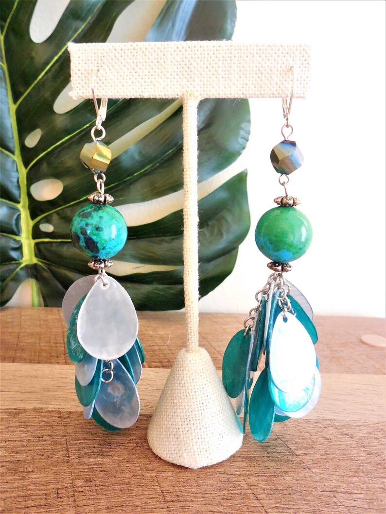 handmade Turquoise and white pierced Exotic 4 length long 60s style dangle earrings Caftan jewelry