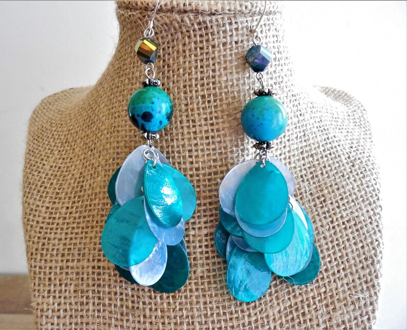 handmade Turquoise and white pierced Exotic 4 length long 60s style dangle earrings Caftan jewelry