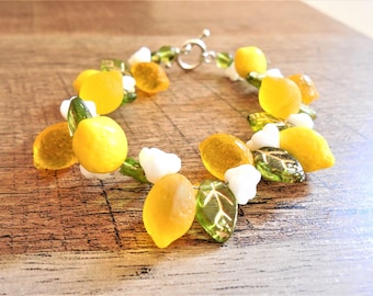 Triple Lemon Czech glass fruit bracelet, 8", toggle closure, whimsical, tropical, novel, Tiki Oasis, Tiki Caliente, Vintage-style, gift