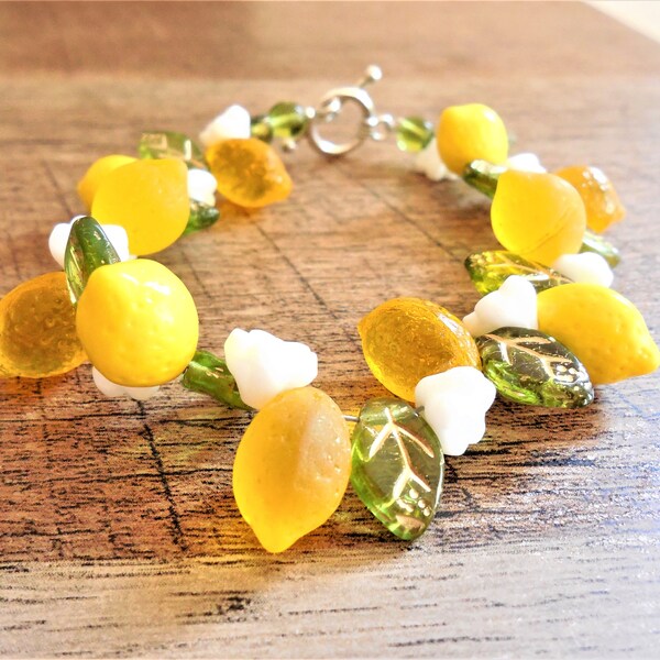 Triple Lemon Czech glass fruit bracelet, 8", toggle closure, whimsical, tropical, novel, Tiki Oasis, Tiki Caliente, Vintage-style, gift