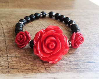 Obsidian or Moonstone gemstone triple red Rose stretch bracelet, 8", protective, healing, customizable size, gift!