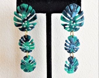 Monstera leaf dangling earrings, pierced, tiki, Hawaiian, exotic, lightweight, handmade, tropical