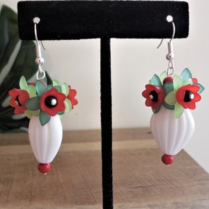 Colorful white vase earrings, acrylic, lucite flowers beads, red, green, tropical, retro styling, Tiki Oasis, Exoticon, Tiki Caliente, gift!